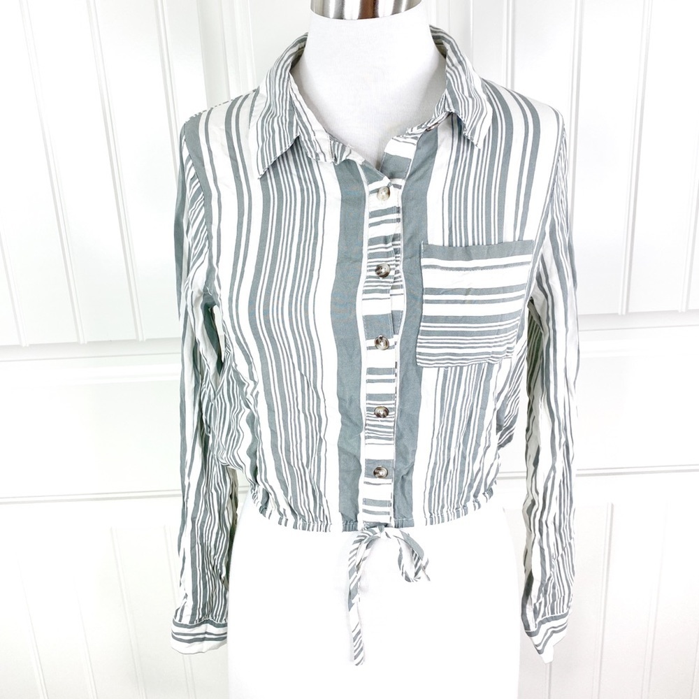 Tilly's Good Luck Gem Striped Button Cropped Shirt - Picture 2 of 6